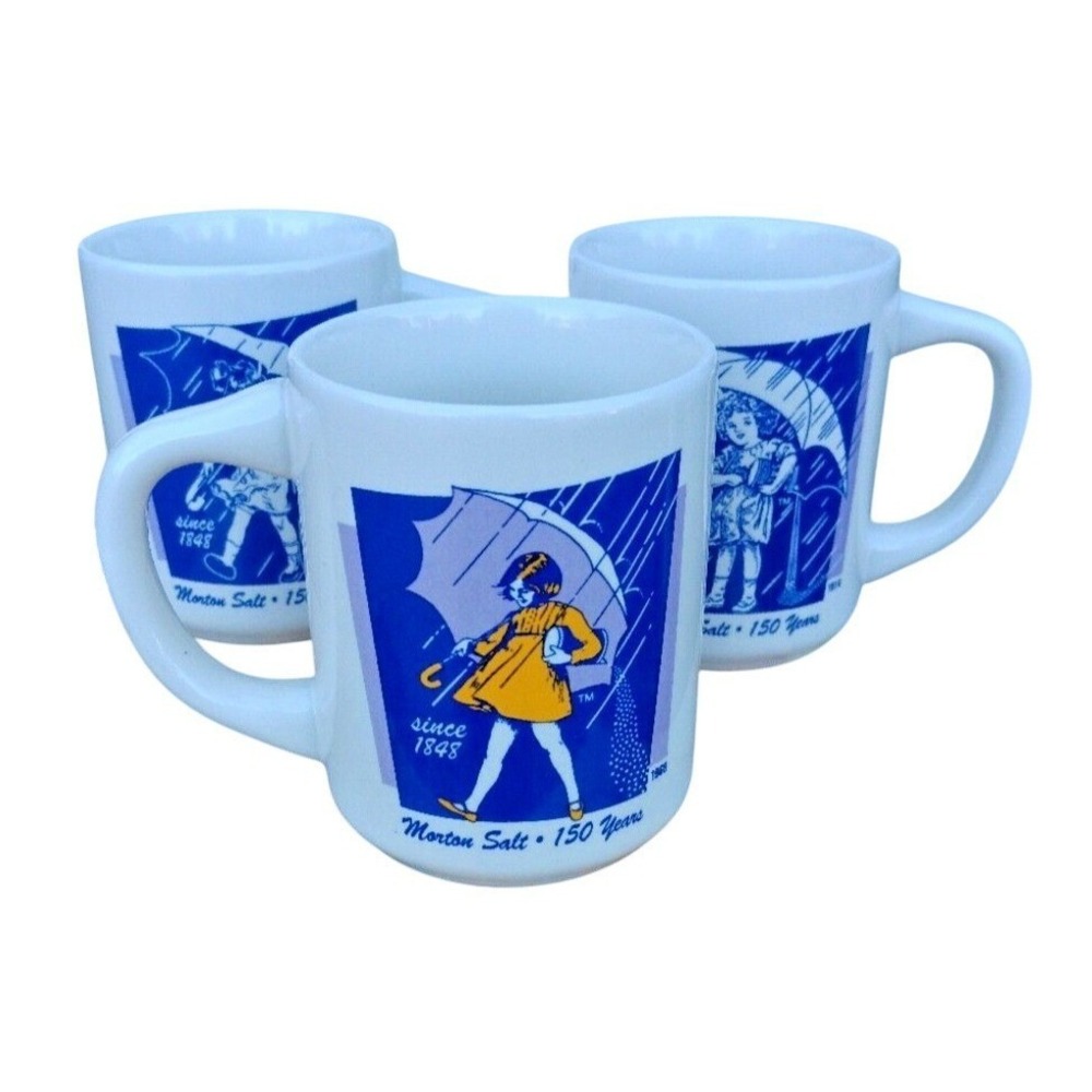 Morton‎ Salt 150th Anniversary Ceramic Mug 3-Set Bryan China Umbrella Girl VTG